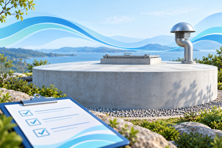 Conceptual illustration of a closed concrete cistern with a raised hatch and protected vent beside an inspection checklist.