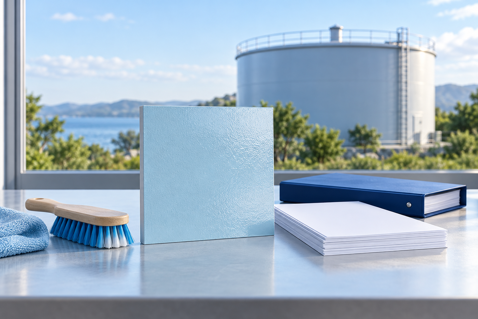 Conceptual illustration of a blue lining sample, soft brush and maintenance documents with a closed water tank in the background.