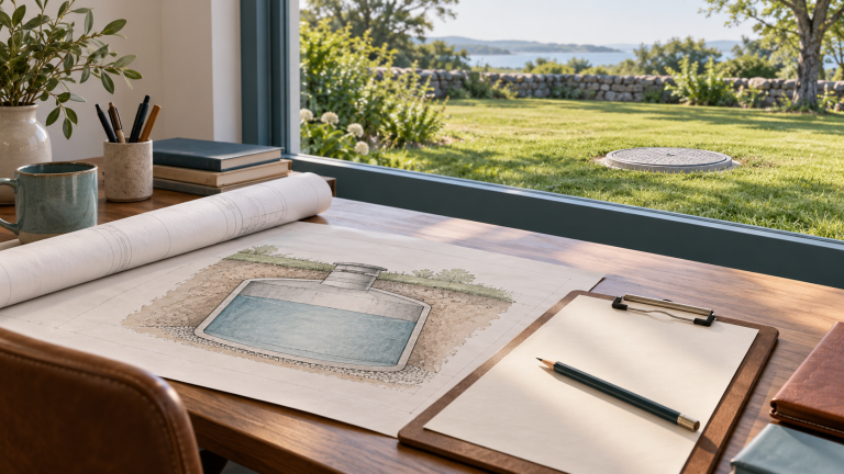 Conceptual illustration of tank drawings and a clipboard beside a window overlooking a closed cistern access cover.
