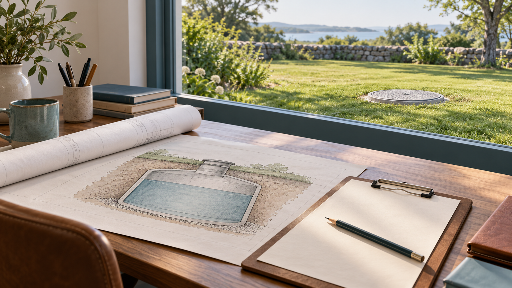 Conceptual illustration of tank drawings and a clipboard beside a window overlooking a closed cistern access cover.