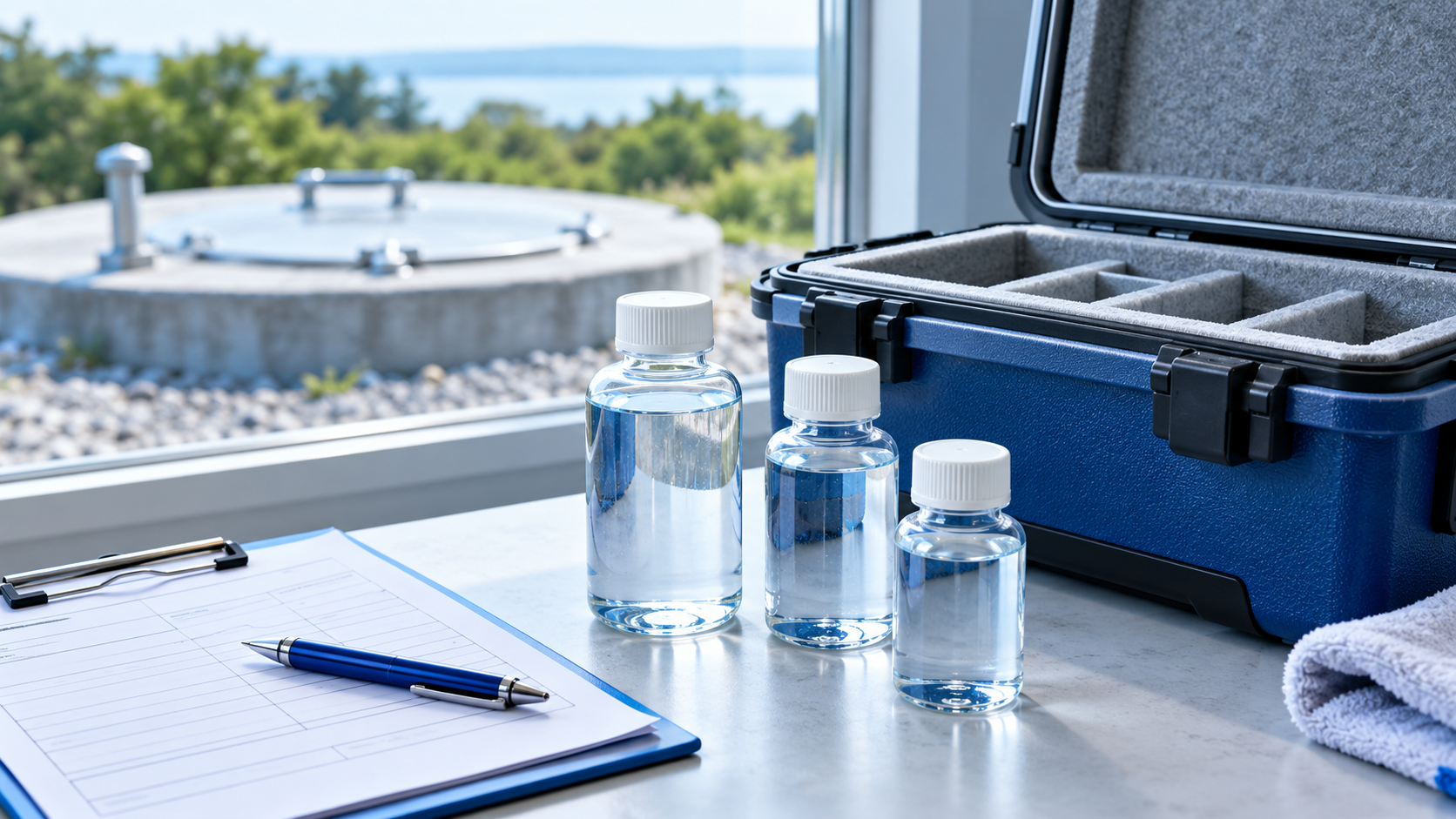 Capped water-sample bottles and collection paperwork prepared beside an insulated transport case.