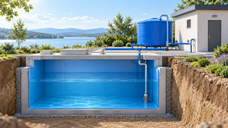 Illustration of a blue-lined concrete cistern, temporary water storage tank, and utility building during a planned relining outage.