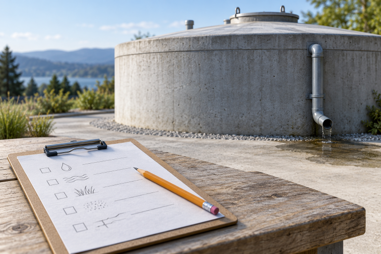 Conceptual illustration of a closed concrete cistern with an external discharge pipe and an observation clipboard in the foreground.