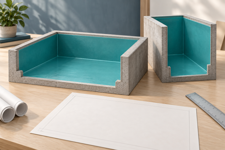 Conceptual cutaway models of two differently proportioned concrete cisterns with teal interior lining on a drafting table.