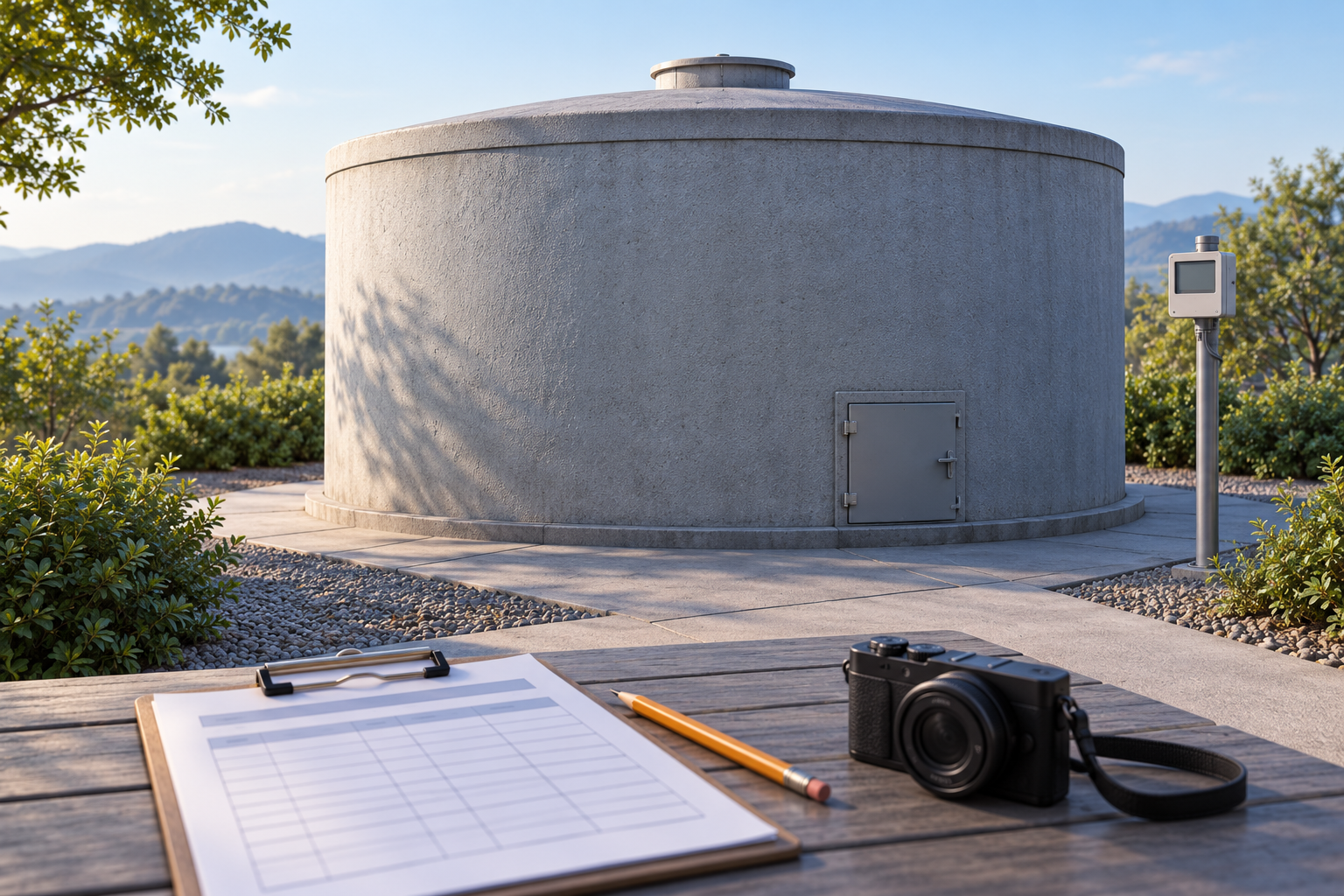Illustration of a closed concrete cistern and external monitor, with a clipboard and camera on a table beside a ground-level path.
