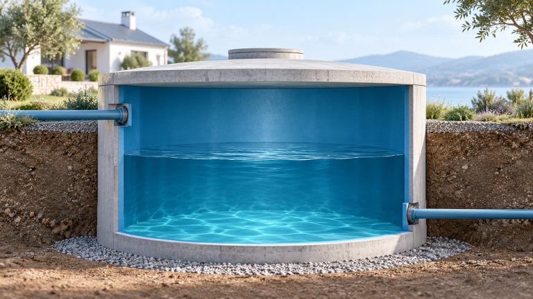 Conceptual cutaway of a closed lined cistern and its inlet and outlet connections.