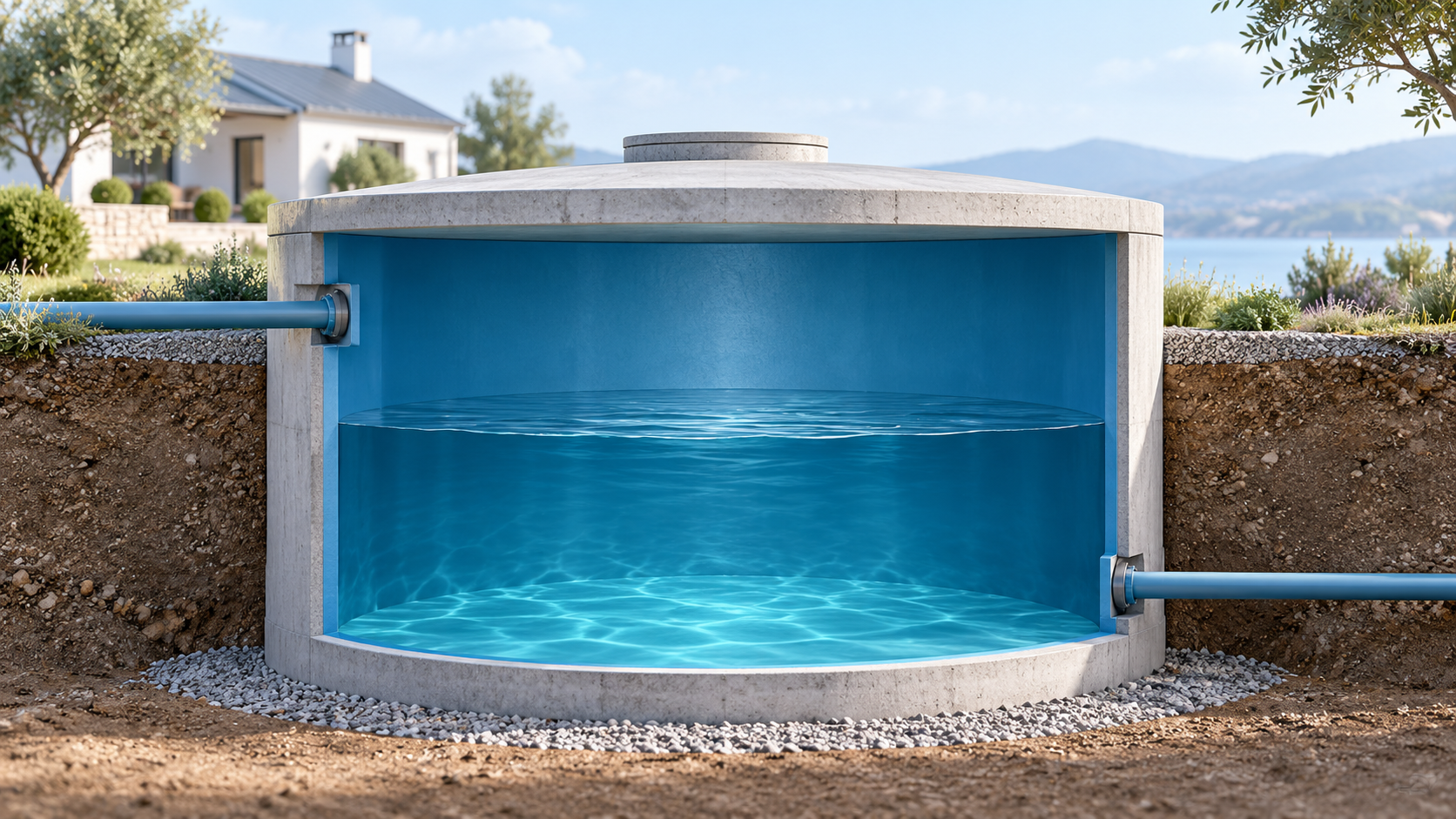 Conceptual cutaway of a closed lined cistern and its inlet and outlet connections.