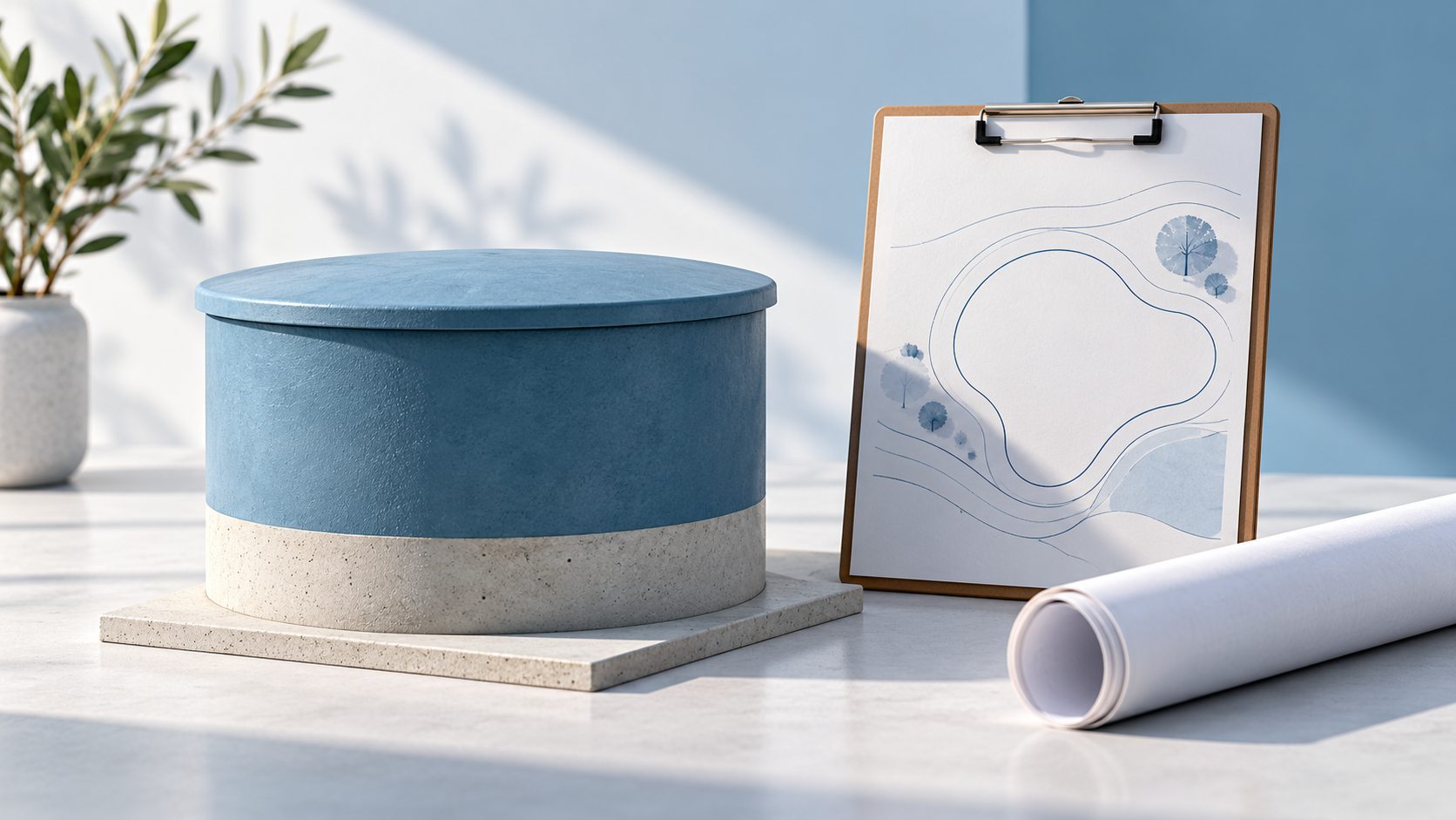 Closed blue cistern model beside a clipboard and rolled plan on a pale tabletop.