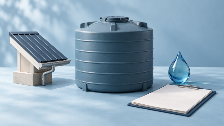 Conceptual cistern model with a separate roof-catchment model, water droplet and inspection document.